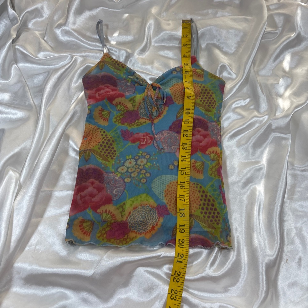 y2k Cami Top Blue Excellent Mesh Floral Lettuce Edge Tie Front Twilight Camisole - Picture 6 of 6